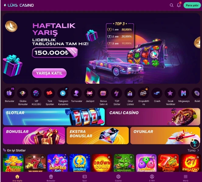 Homepage lobby view Luks Casino TR main lobby screen with a weekly race banner, category icons and a top slots row